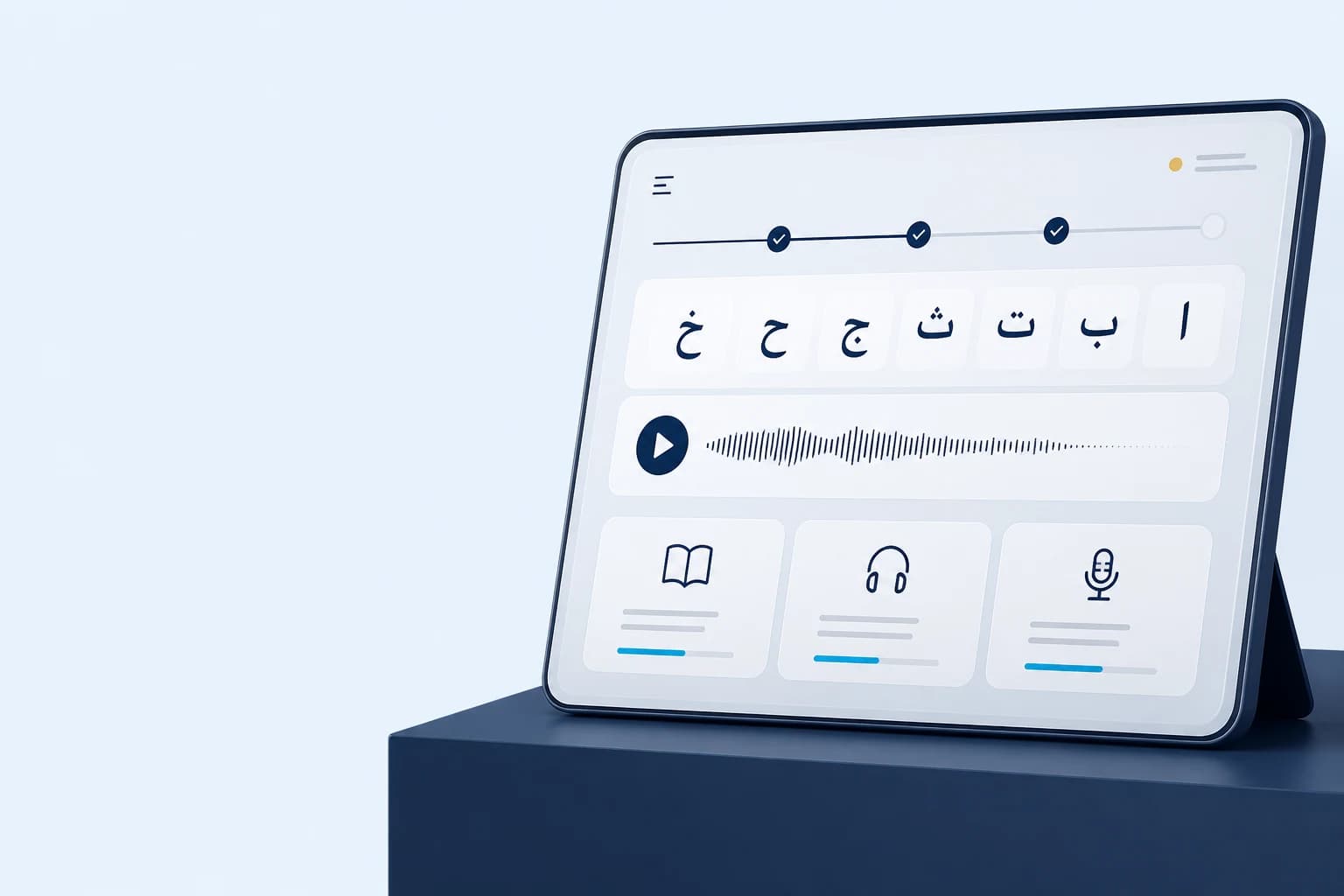 Une interface minimaliste de cours d'arabe présentant l'alphabet, la prononciation audio et une progression guidée.